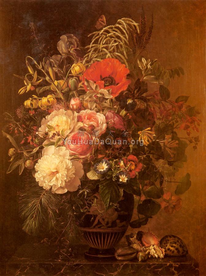 A Still Life With Flowers In A Greek Vase - 约翰·劳伦茨·延森